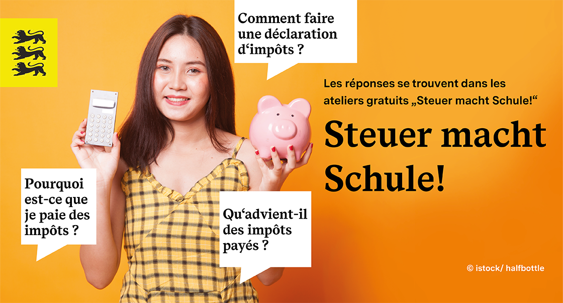 L'impôt fait école, femme avec tirelire et calculatrice