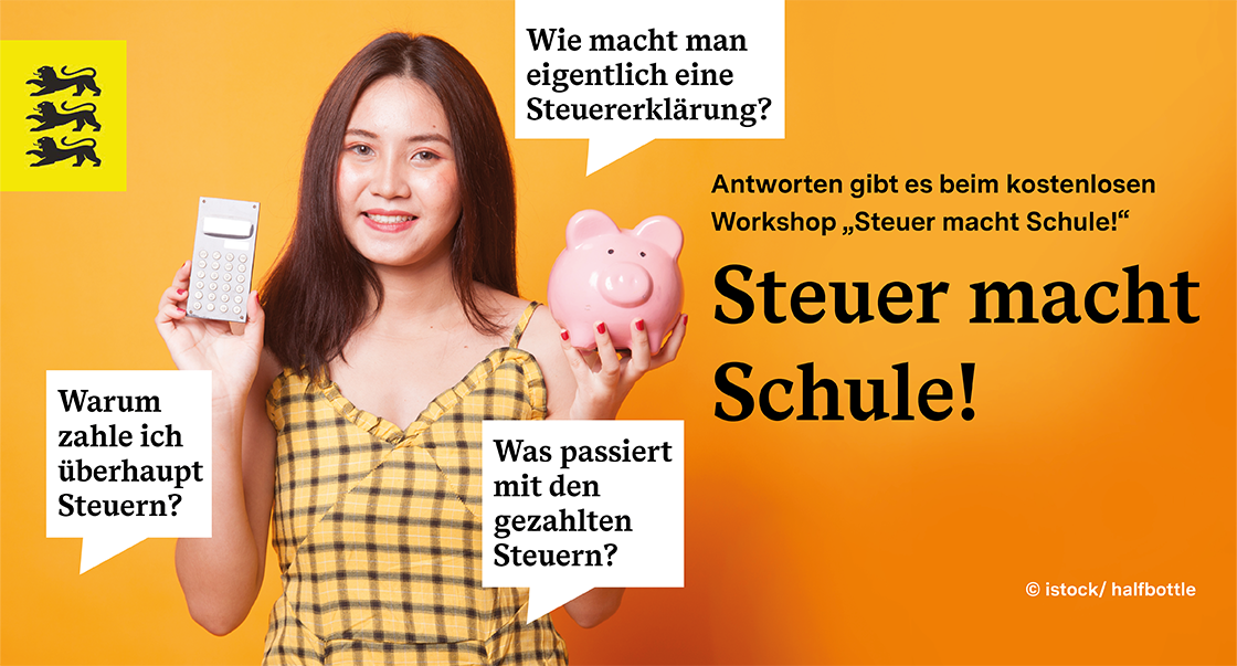 Steuer macht Schule, Frau mit Sparschwein und Taschenrechner