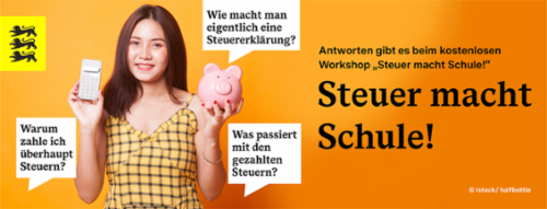 Steuer macht Schule, Frau mit Sparschwein und Taschenrechner